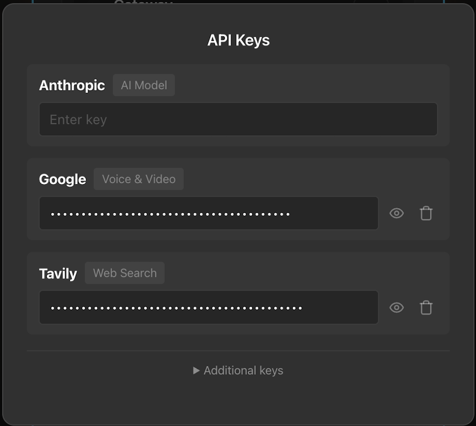 Taskmaster API Keys modal showing Anthropic, Google, and Tavily key fields