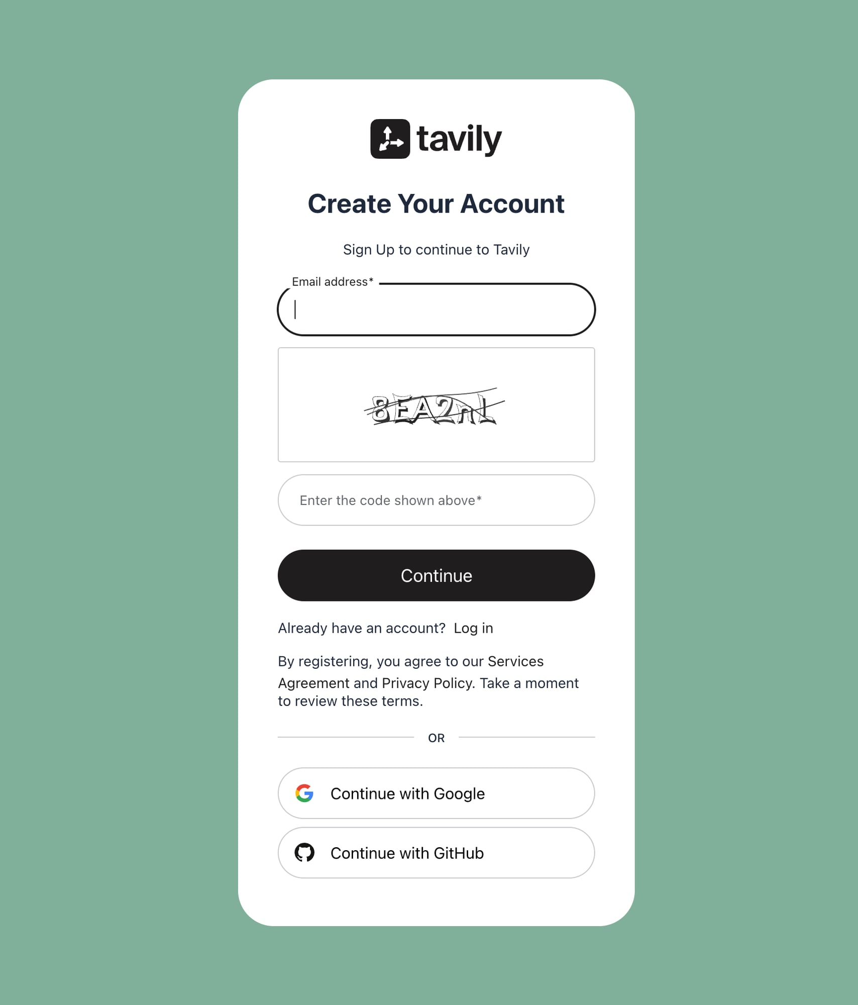 Tavily signup page with email and Continue with Google options