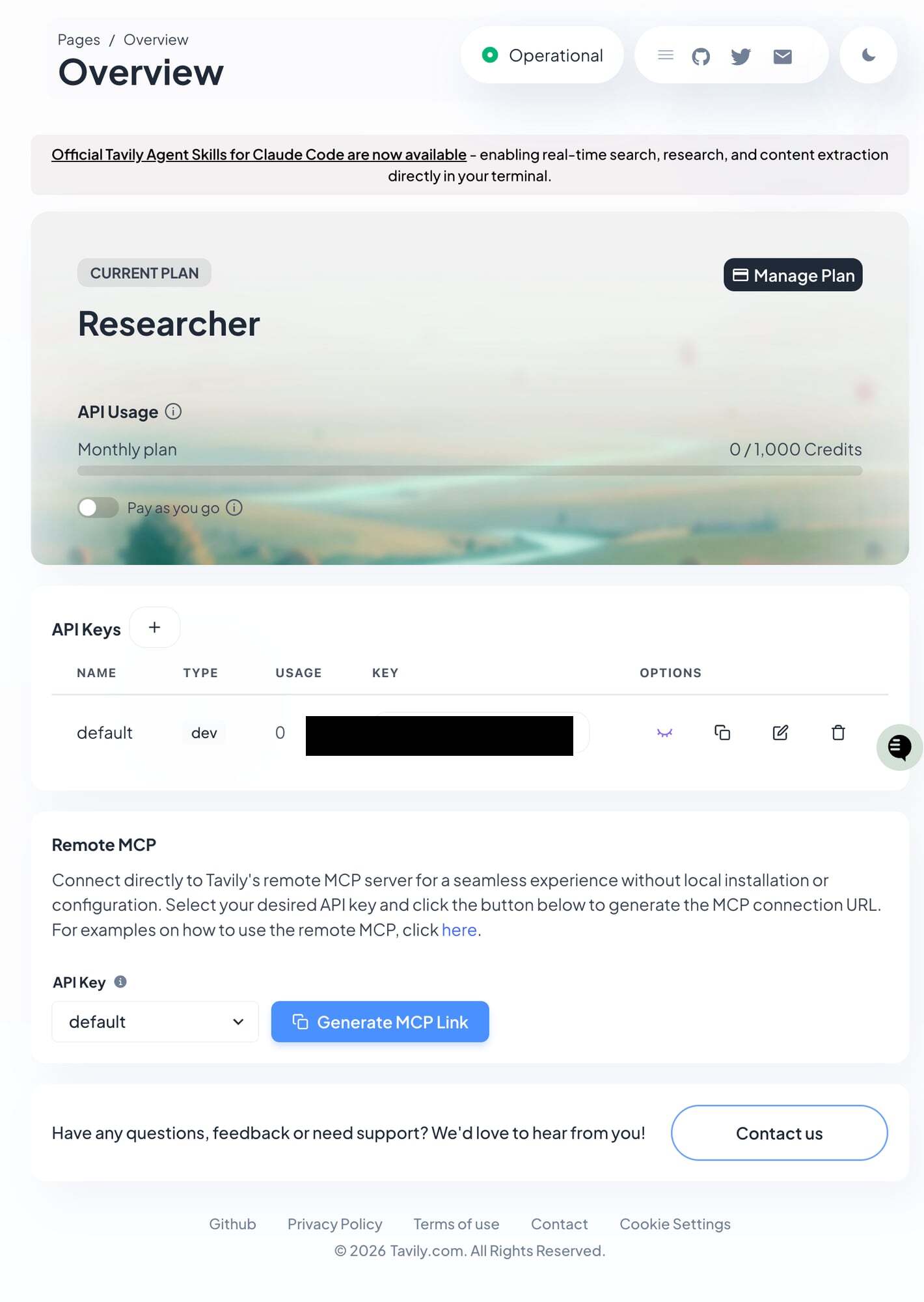 Tavily dashboard showing API key in the keys table