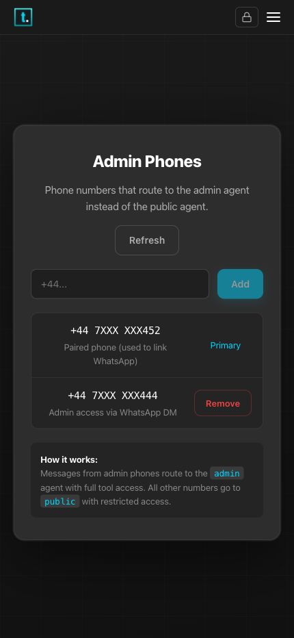 Taskmaster Admins page showing admin phone numbers