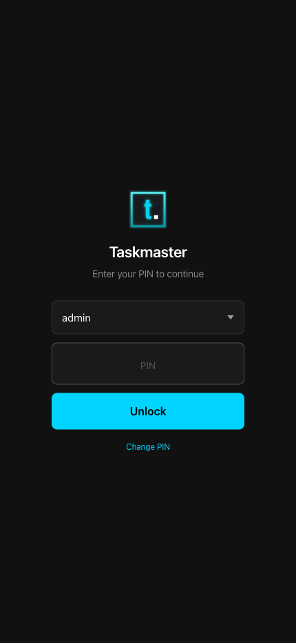 Taskmaster login screen with PIN entry