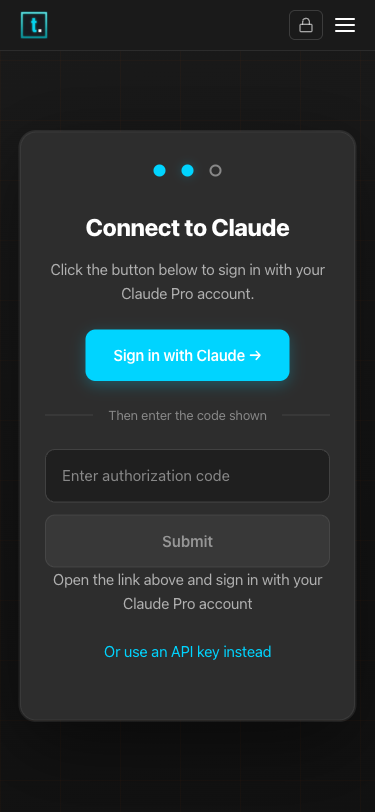 Taskmaster Connect to Claude screen with sign-in button and authorization code field