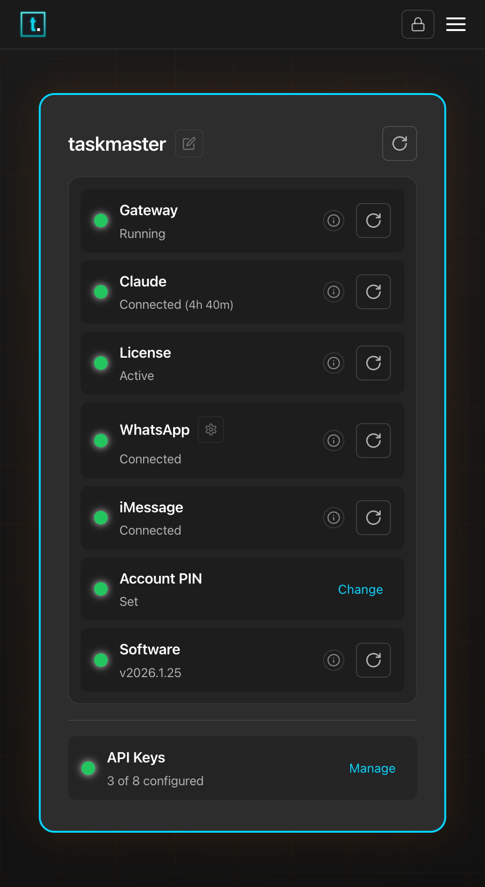 Taskmaster Status Dashboard showing all services connected